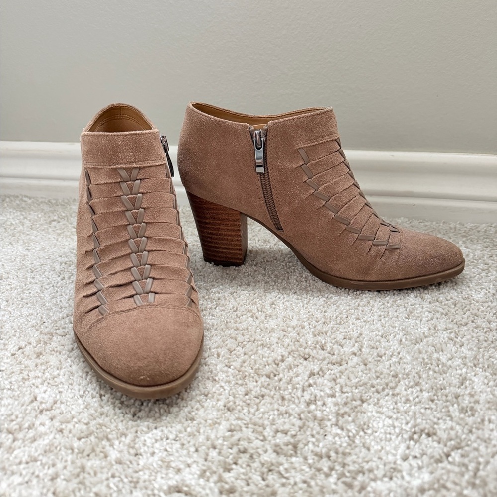 Franco Sarto Tan Suede Woven Ankle Boots
